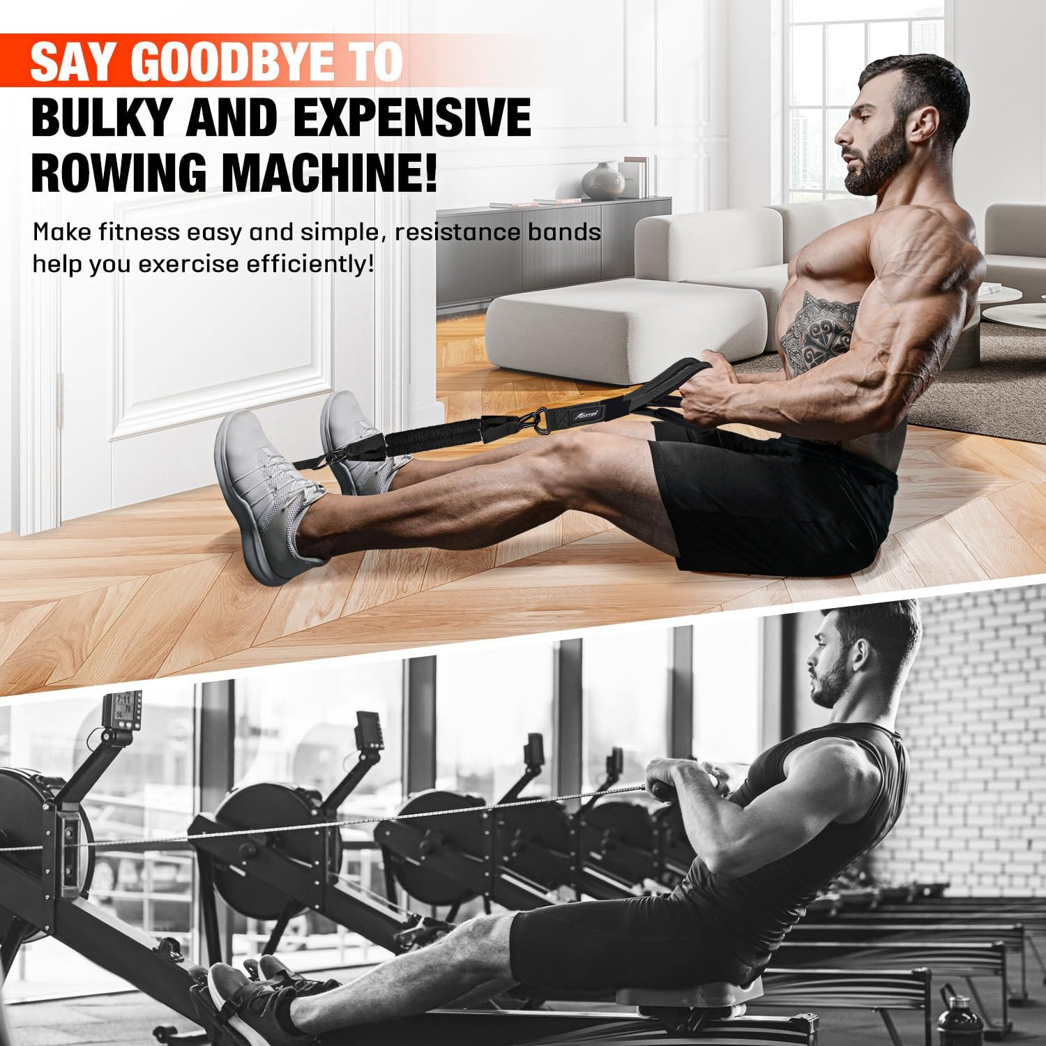 Rowing Resistance Bands, Best Replacement for Rowing Machine, Home Gym Workout E