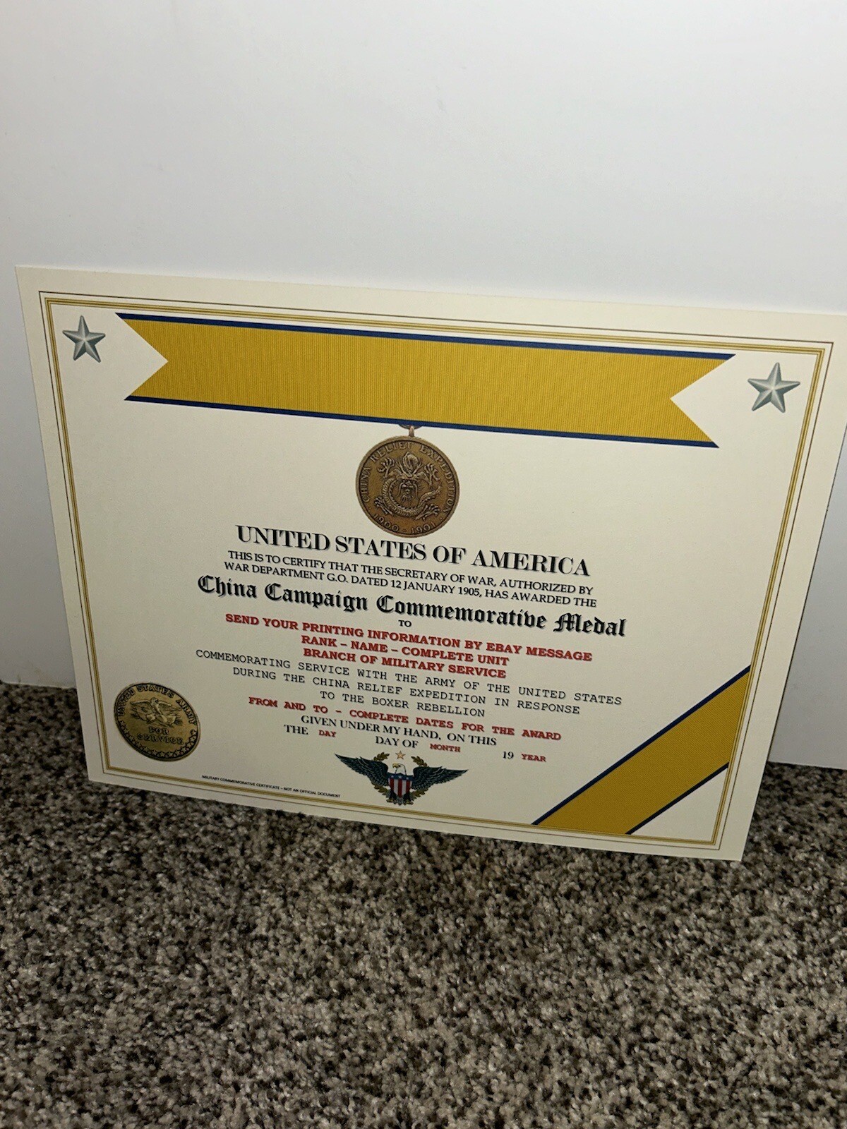 CHINA CAMPAIGN (ARMY) COMMEMORATIVE MEDAL CERTIFICATE ~ W/PRINTING TYPE-1