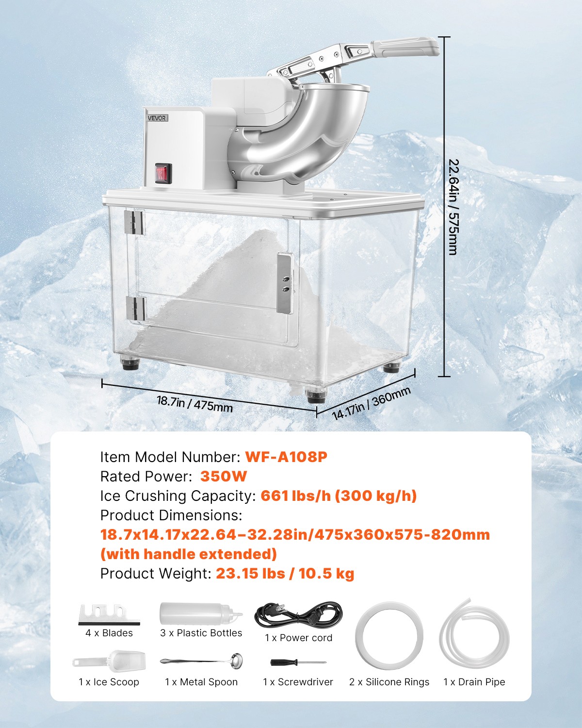 VEVOR Commercial Ice Crusher 661LBS/H Electric Snow Cone Maker Shaved Ice White