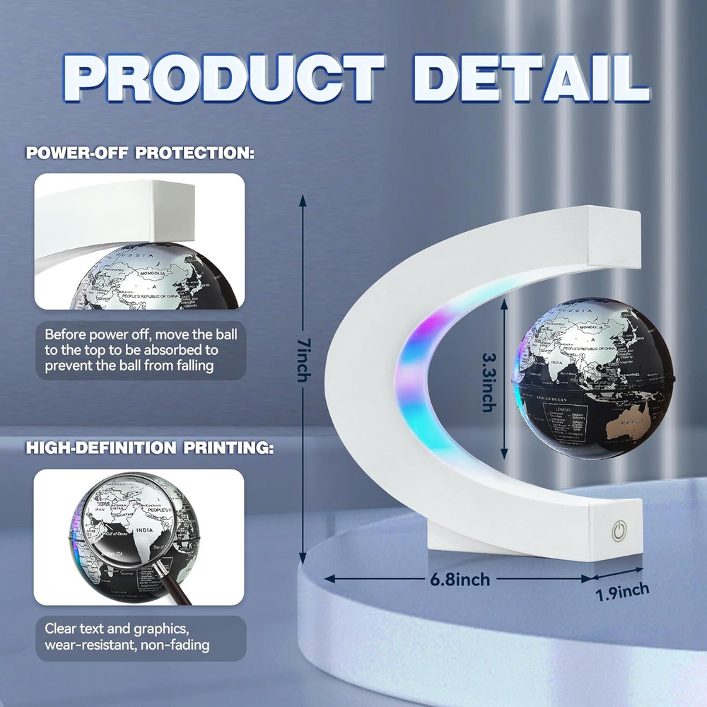 Magnetic Levitating Globe with LED Light, C Frame Floating World Globe Lamp, Coo