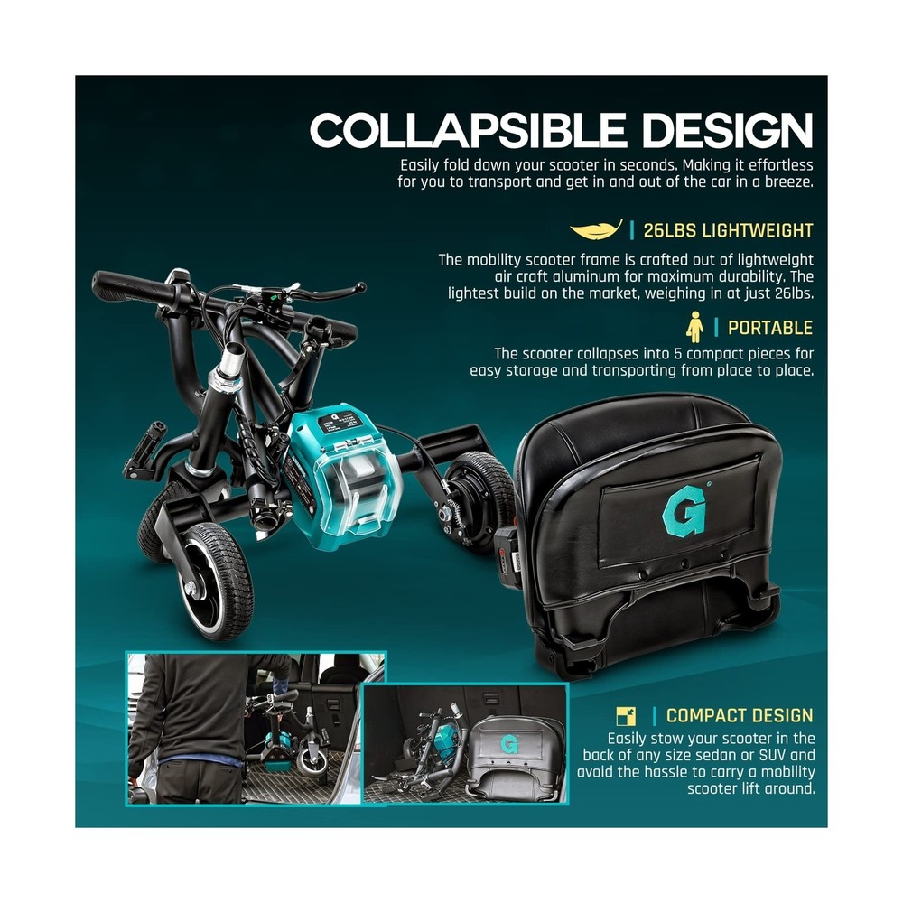 G 3 Wheel Folding Mobility Scooter Basic - Electric Powered, Airline Friendly...