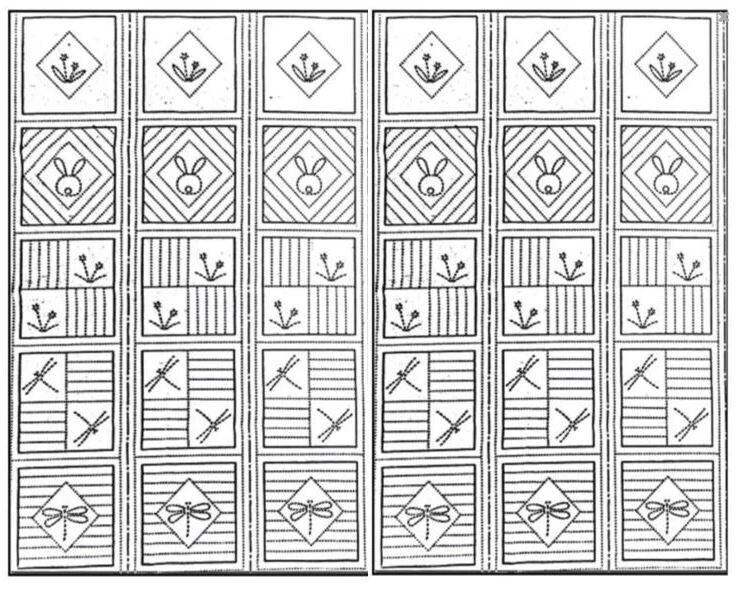 Sashiko Pre-printed Panel - HM-20 -Springtime Squares-Bunnies, Dragonflies-Navy