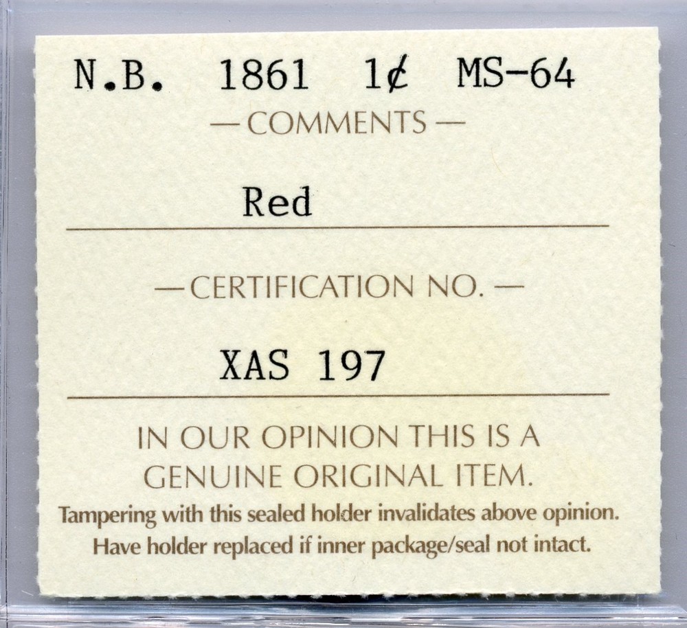 1861 New Brunswick Large Cent - Choice Uncirculated, ICCS MS64 RED