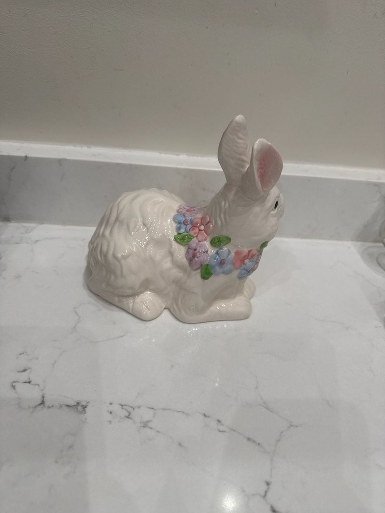 Vintage White Ceramic Floral Easter Bunny