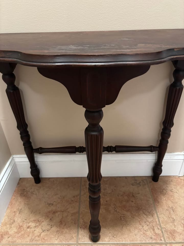 Antique Demi-Lune Console Table – Solid Wood – Distressed Top – Turned Legs