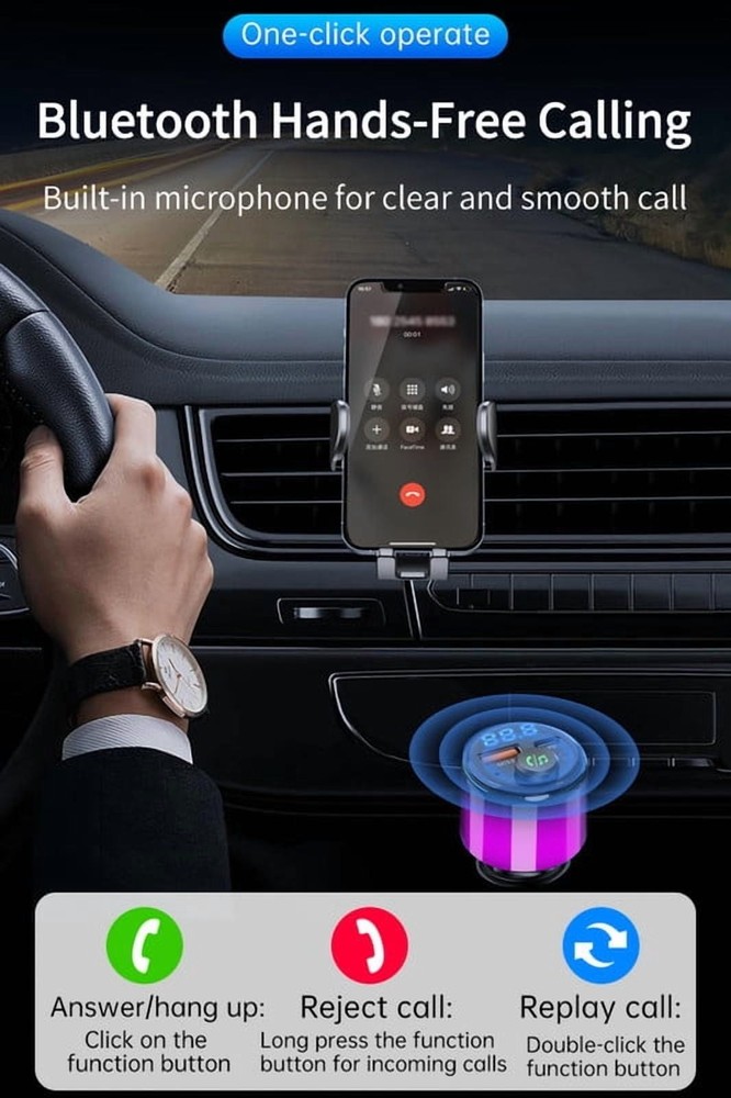 Bluetooth Car Kit: 5.3 FM Transmitter, 5 Color LED – PD 30W & QC 18W Charger