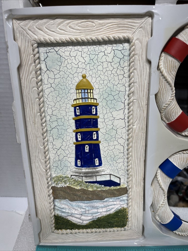 3 Pc Set Blue Lighthouse With Mirror Wall Decor