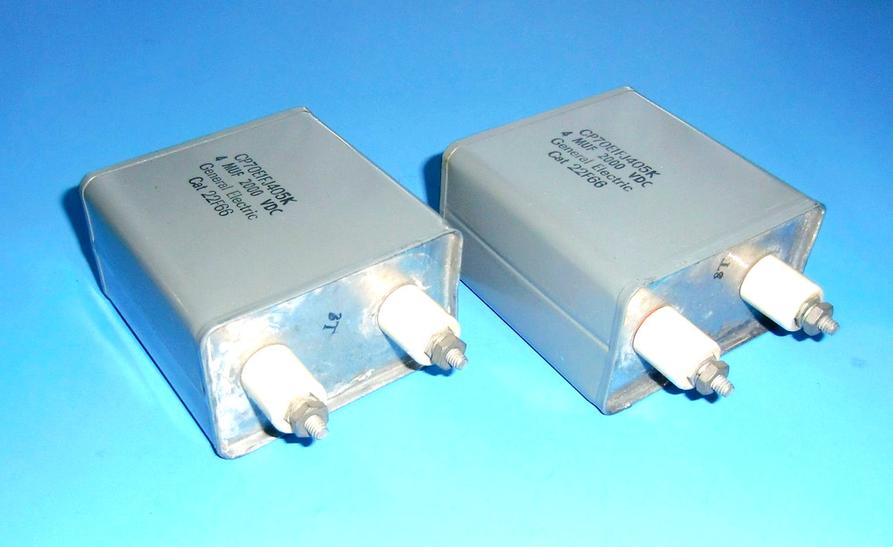 2 General Electric 4uF 2000V Paper in Oil Capacitors USED *1% MATCH* +MTG STRAPS