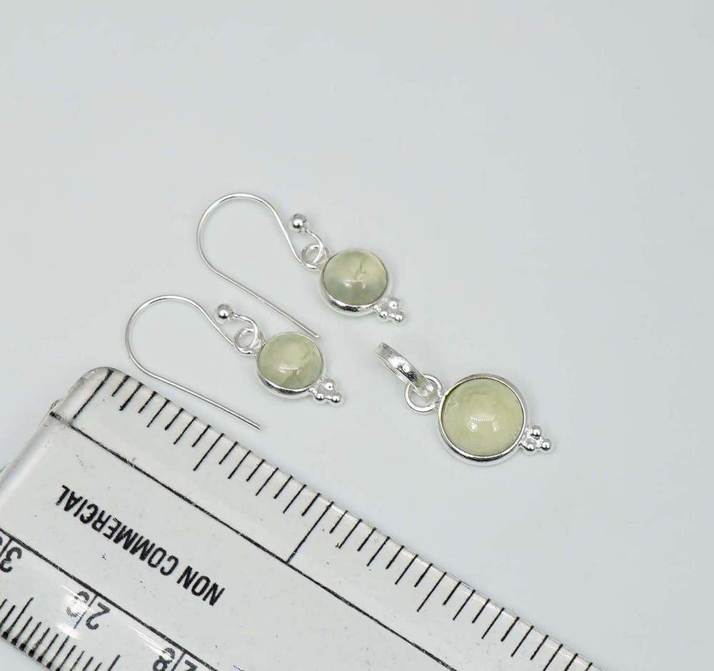 925 Solid Sterling Silver Green Prehnite Hook Earring Pendant Set