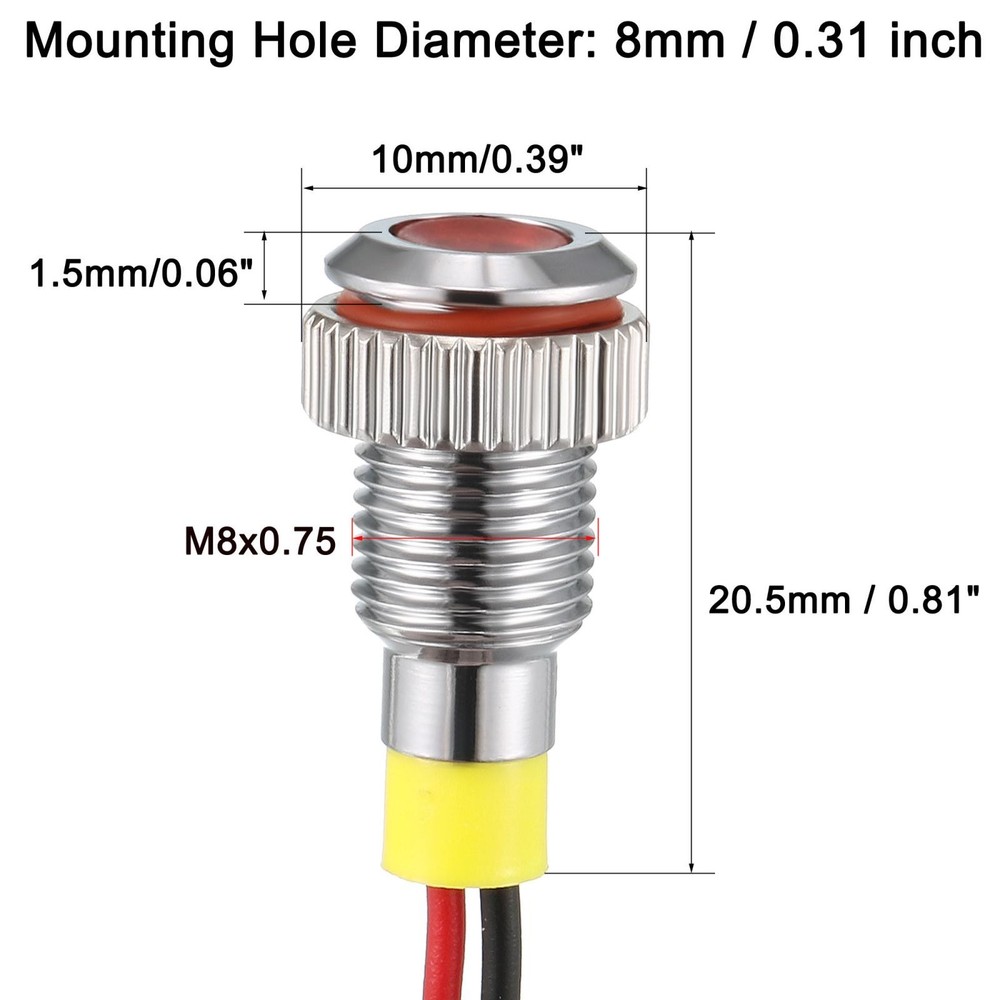 LED Indicator Light AC/DC 24V 8mm Flush Panel Mount Red LED Metal Shell
