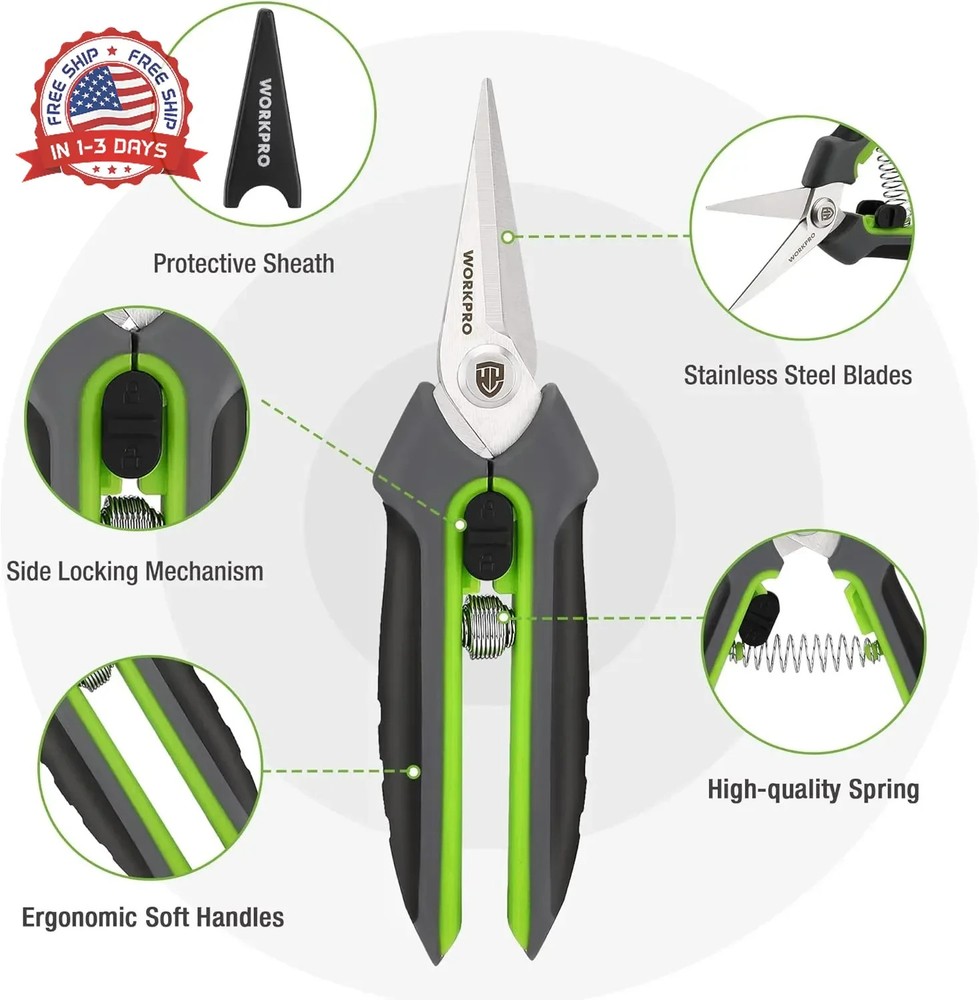 WORKPRO Garden Pruning Shears 2 Pack, 8" Bypass Pruning Shears and 6.25" Straigh