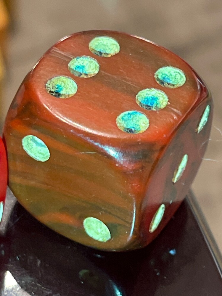 Old red marbled backgammon mismatched rounded dice pair 021625@
