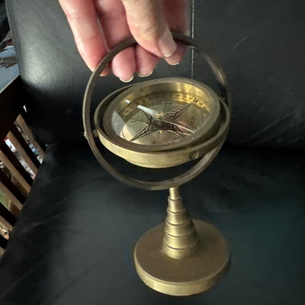Vintage Solid Brass 7” Floating Gimbal Compass Nautical Decor