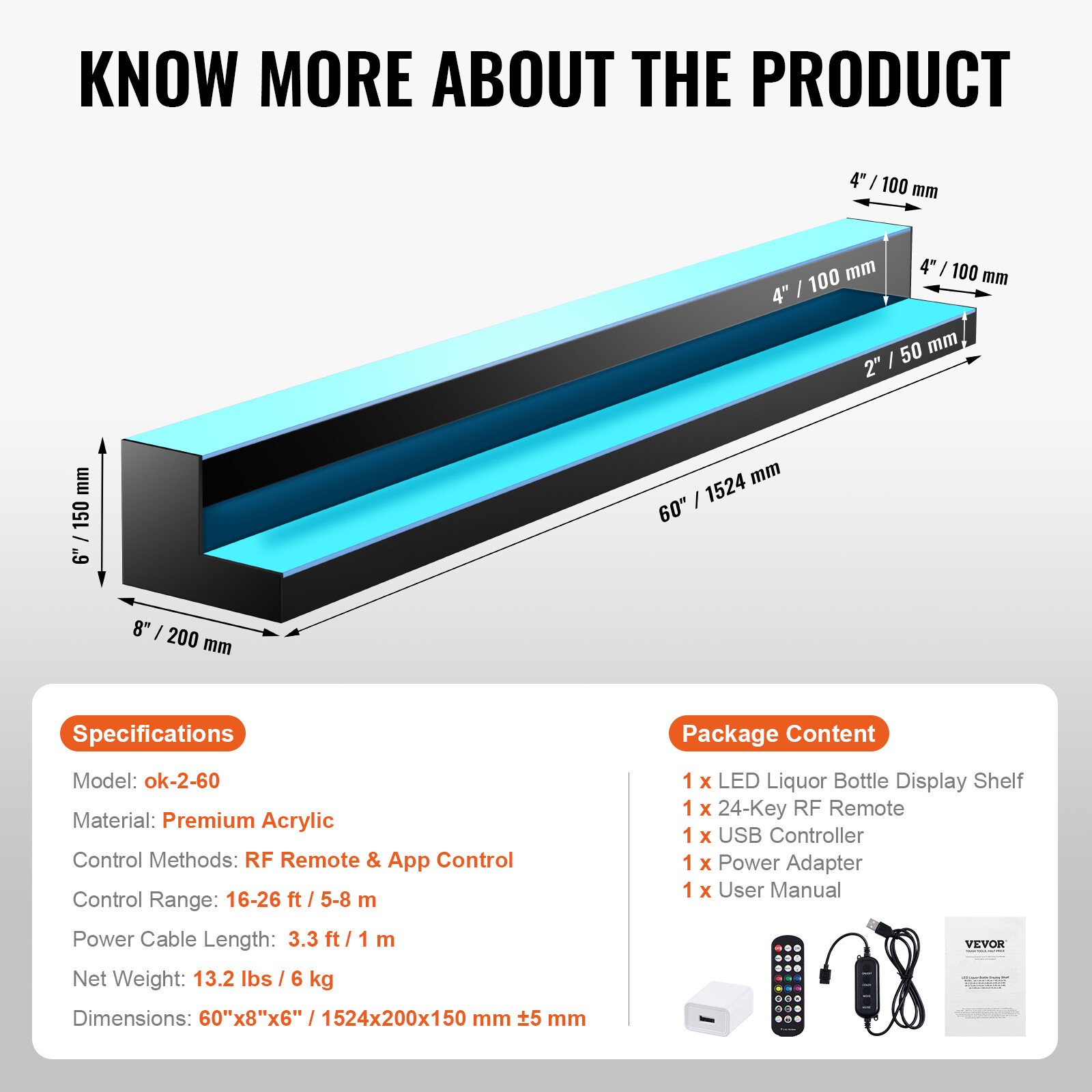 VEVOR60" 2-Step LED Lighted Liquor Bottle Display Bar Shelf RF & App Control