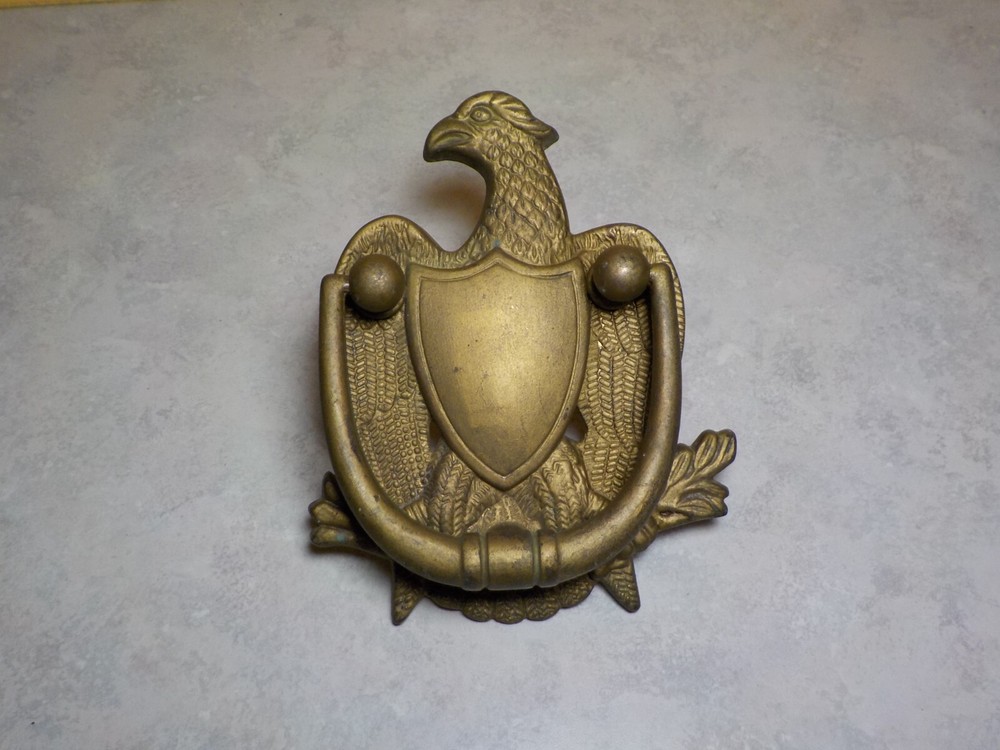 Vintage Solid Brass American Eagle Door Knocker Shield 7'' tall