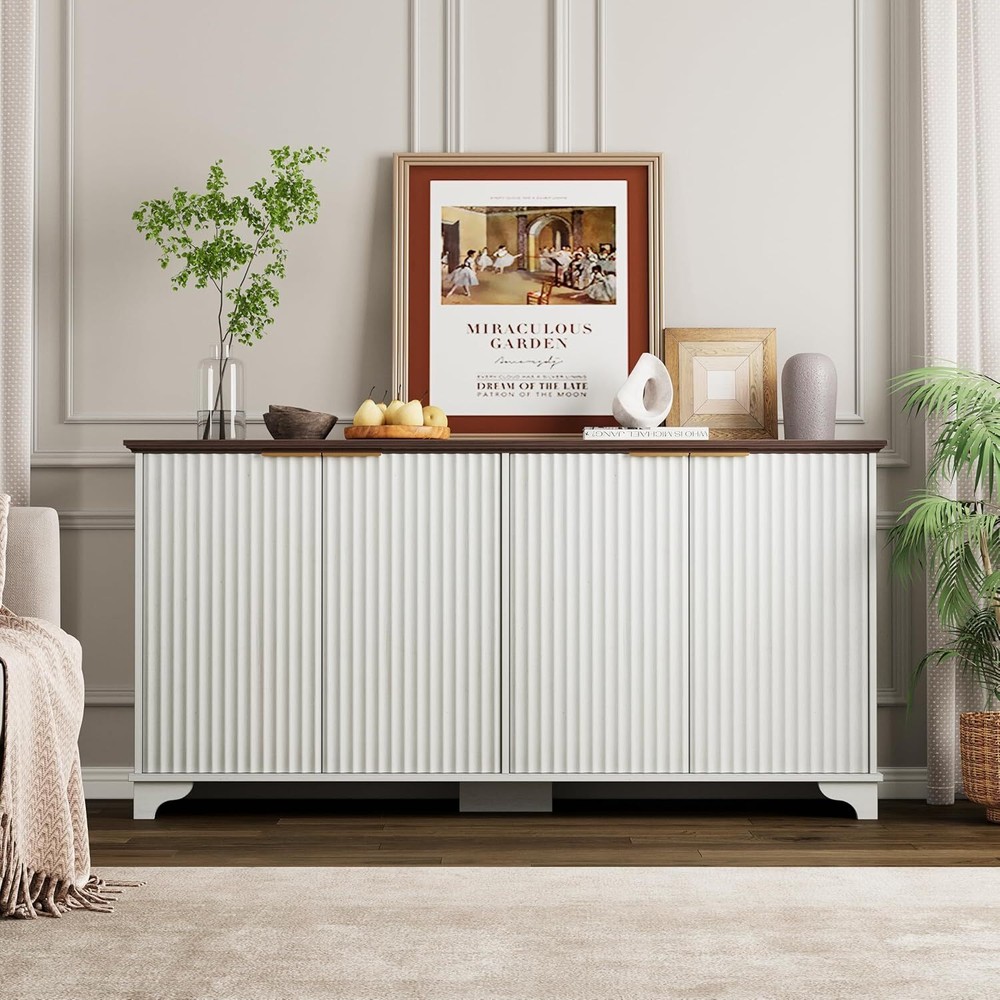 Large Buffet Sideboard Cabinet with 4 Fluted Doors and Storage, Modern Storage