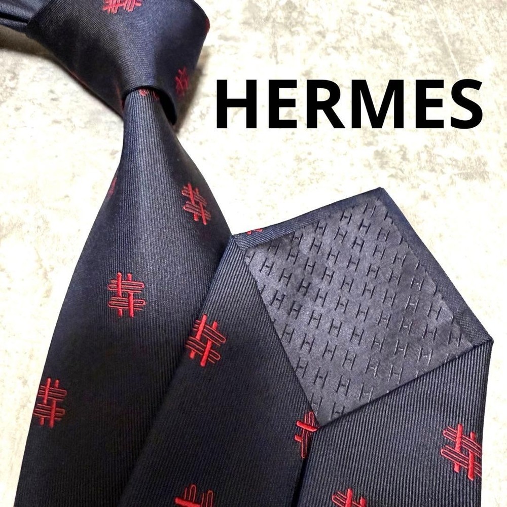 HERMES Tie Navy Fason H Pattern Silk
