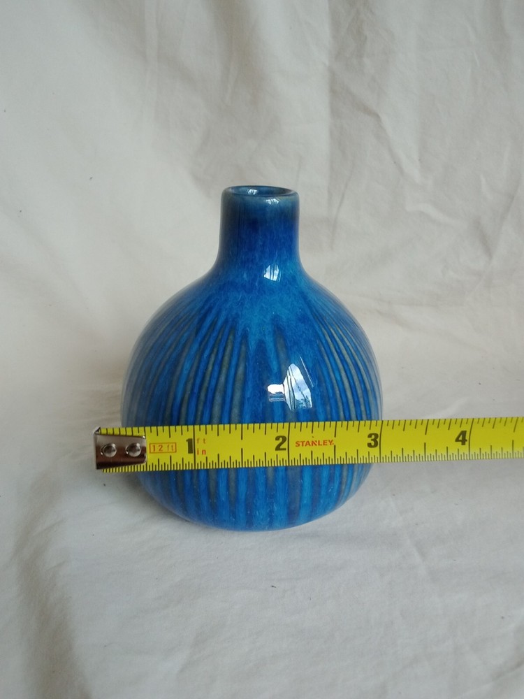 Vibrant, Unique Ceramic Bulb Vase, Blue with Grey Vertical Stripes. 