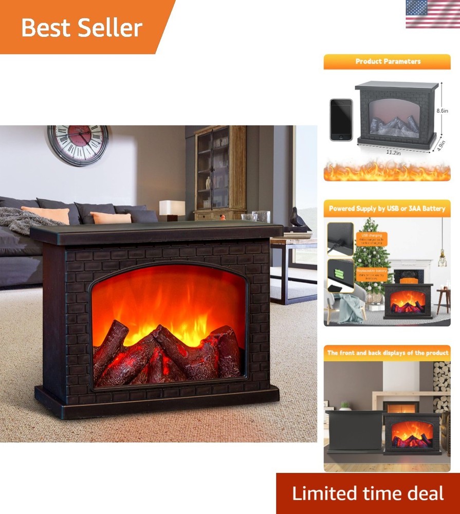 Chic Black Mini Fireplace with Realistic Flame Effect – Battery & USB Operated