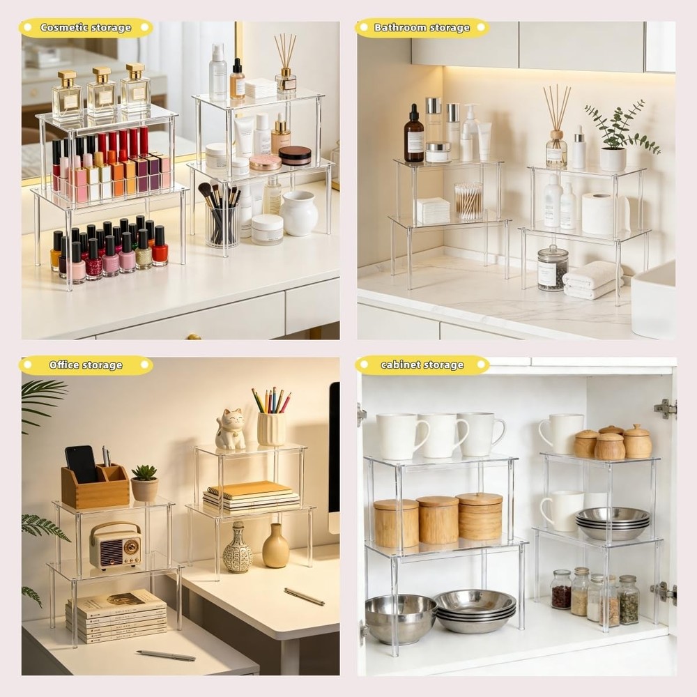 Clear Acrylic Cabinet Organizer, 2-Pack Stackable Shelf Riser for Kitchen Pan...