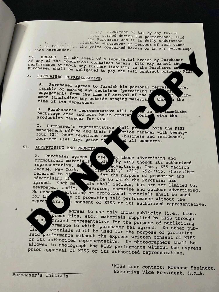 KISS Contract Rider 1982/83 PHOTOCOPY