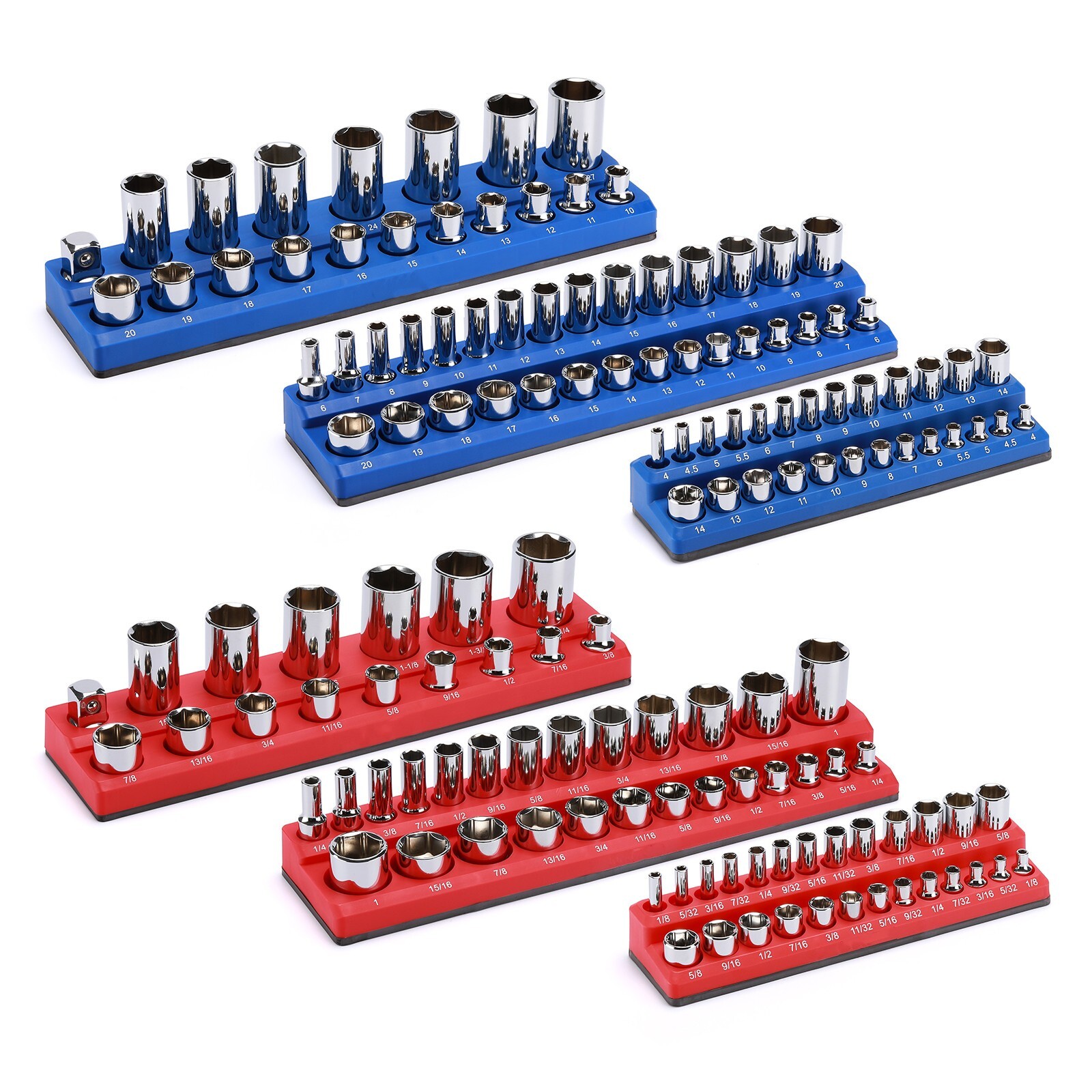 6PCS Magnetic Socket Organizer Holder, 1/4",  3/8", 1/2"Dr. 143 Slots SAE&Metric