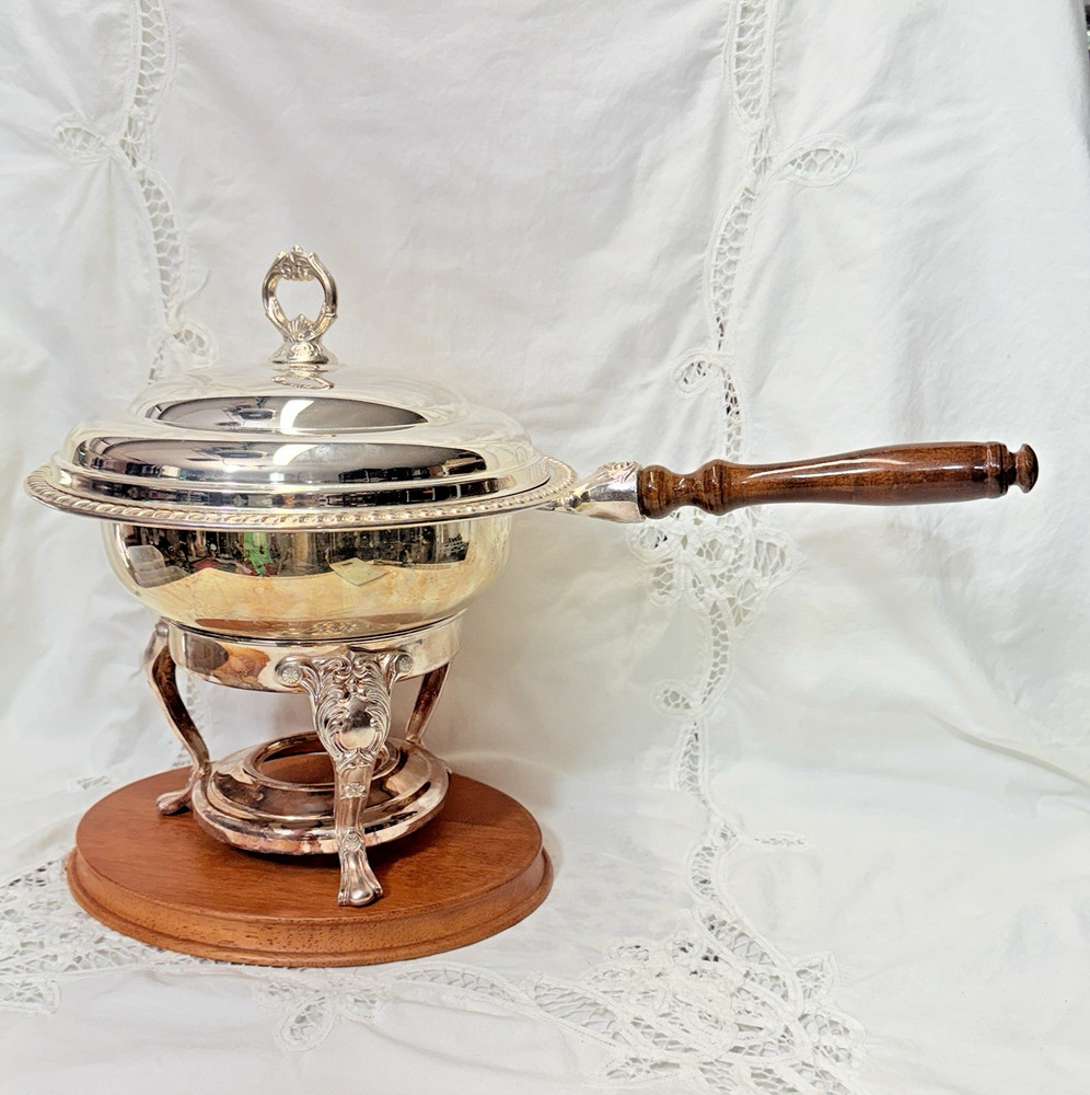 Vintage 3-Piece Taunton Silverplate Chafing Dish Wood Handle Stand & Lid SHINY