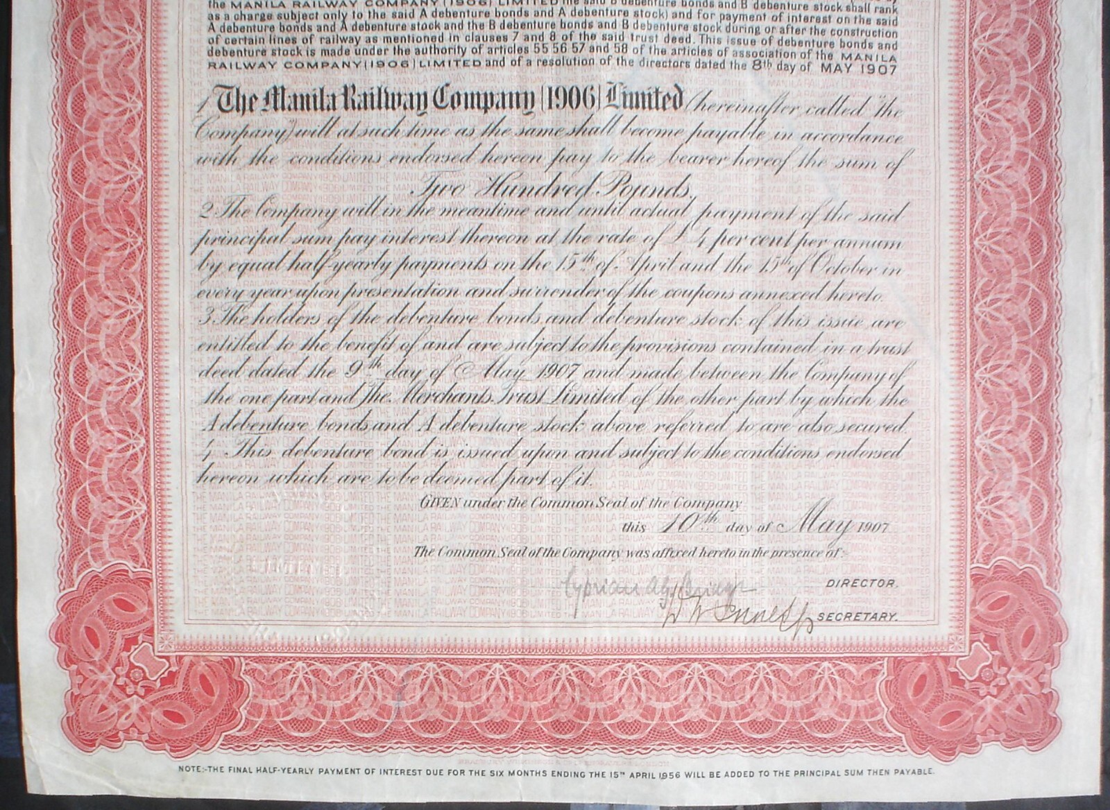 Manila Railway Comp. 200 P. Sterling 4% Bond, 1909 uncancelled + coupons