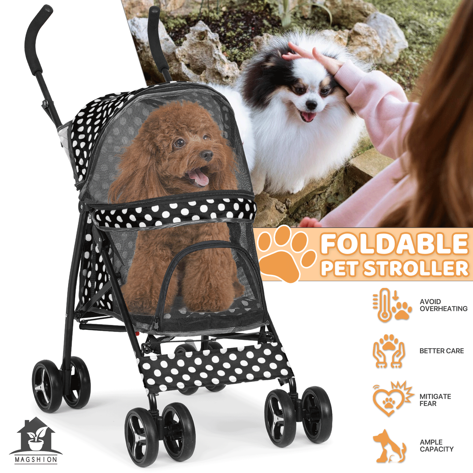 Pet Stroller Foldable 4 Wheels Cat Dog Travel Carrier Storage Basket w/Skylight