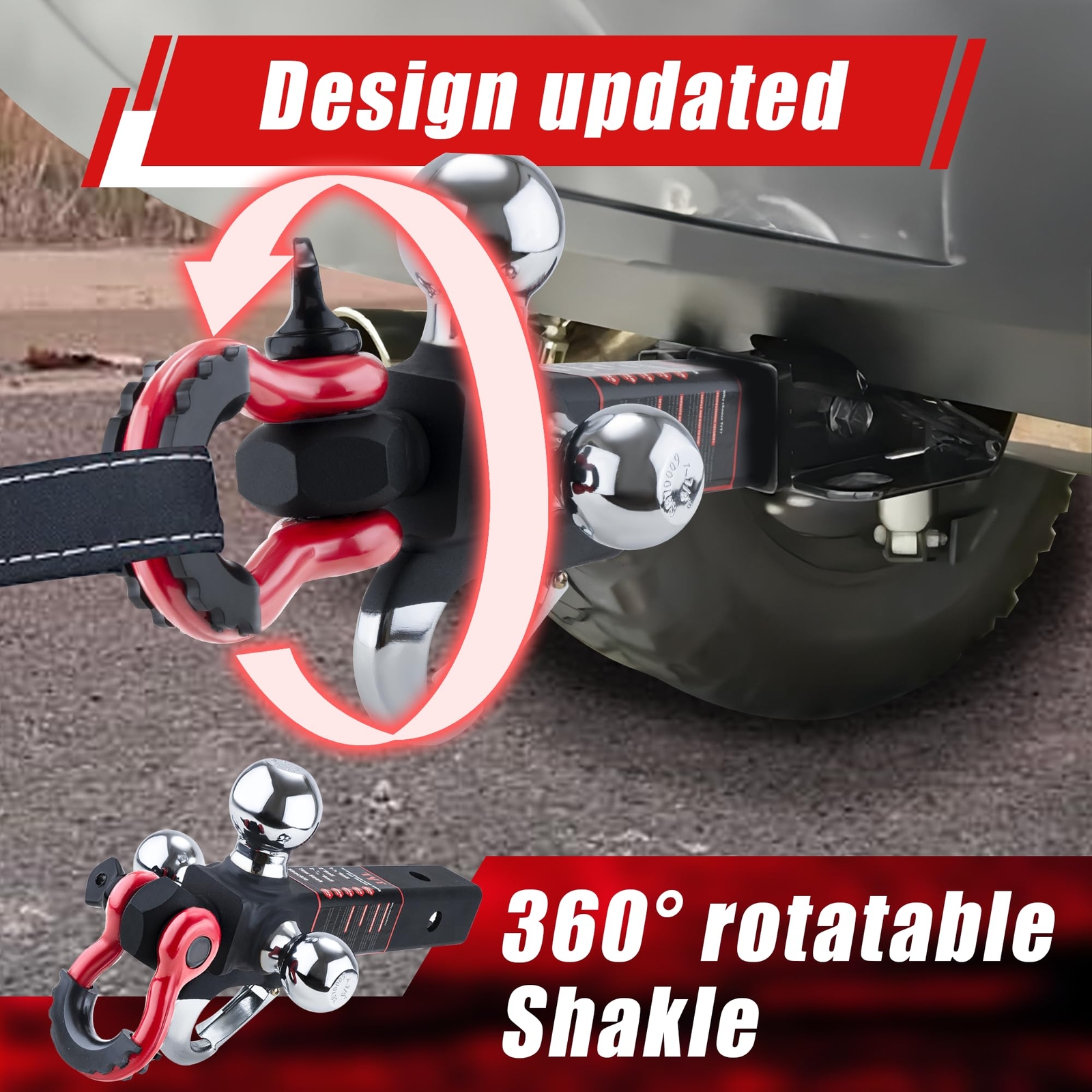 Tri Ball Hitch Trailer Mount w/ Lock, Tow Hook & Clevis Shackle Fits 2" Receiver