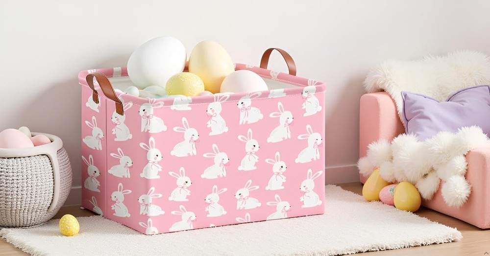 CLOCOR Rectangular Pink Easter Gift Basket Empty,Waterproof Bunny