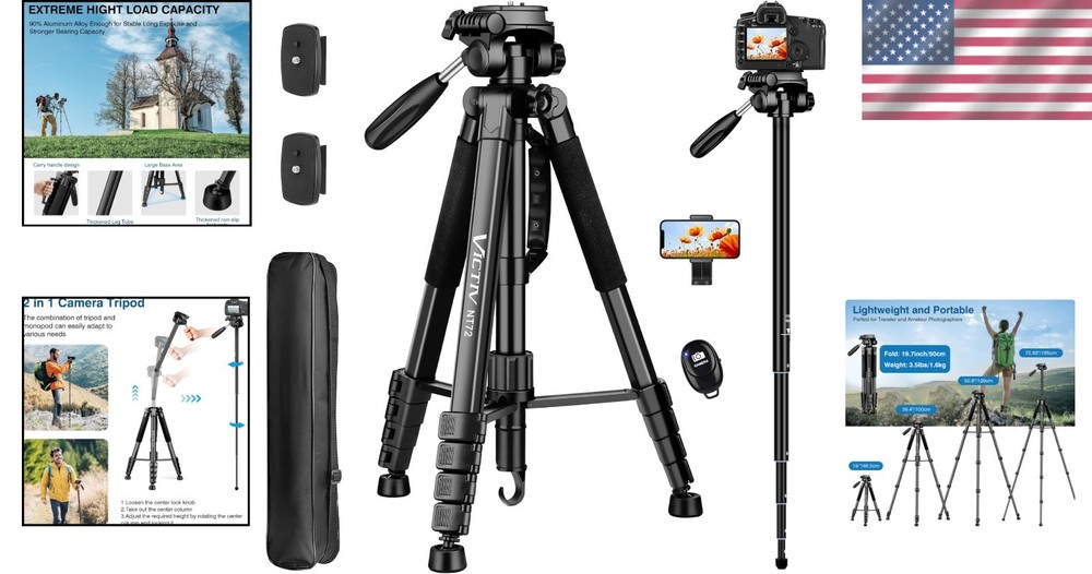 Lightweight Camera Tripod Stand, 72" Tall, Remote, Compact
