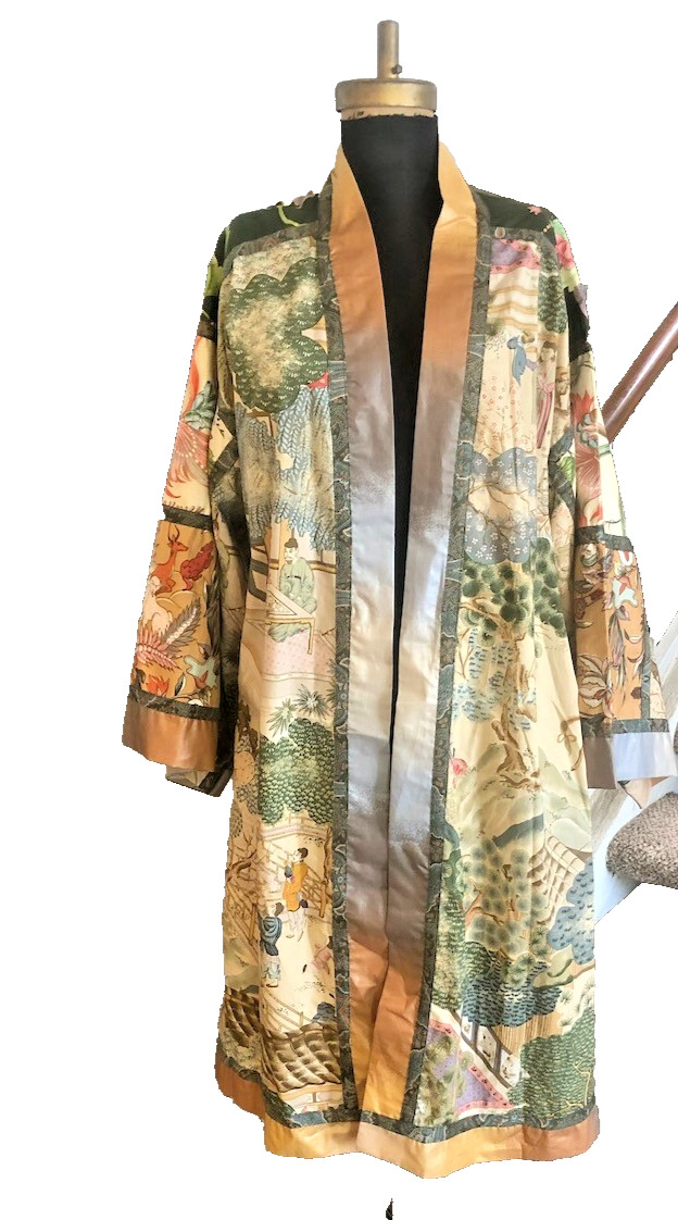 Kimono Robe w/Obi Sash Cotton handmade Chinoiserie Bird People Village Fabric S