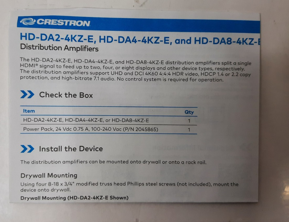 Crestron HD-DA2-4KZ-E Distribution Amplifier - New Open Box