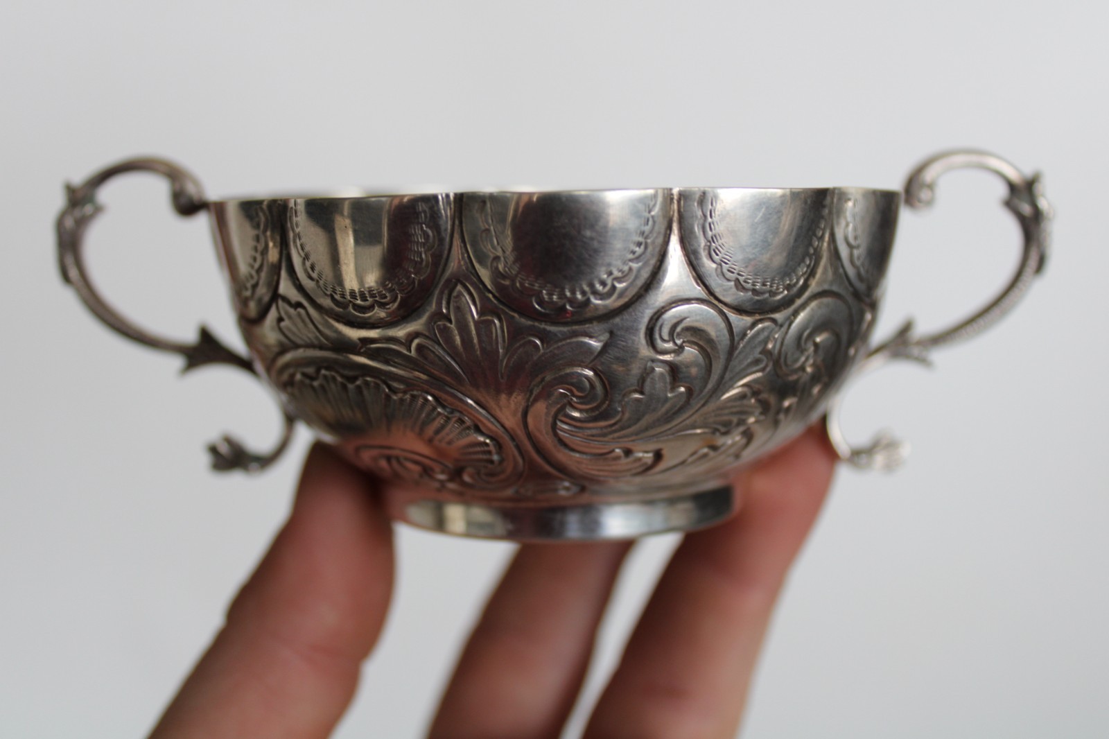 Antique 19th Century Silver Portuguese Bernegal Repousse Handled Religious Cup