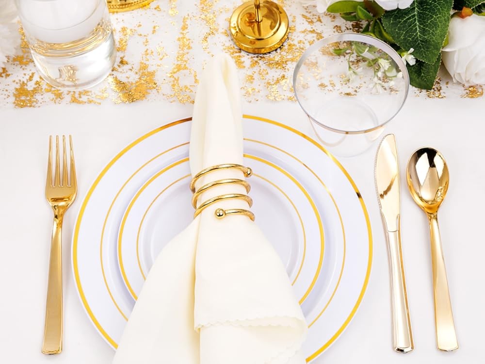 Gold Plastic Plates, Gold Rim Plastic Dinnerware Set, Includes: 25