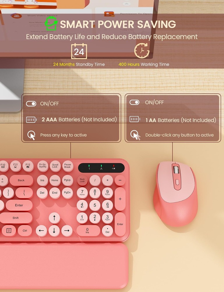 Wireless Keyboard and Mouse Combo - Cute Typewriter Keyboard with Detachable ...