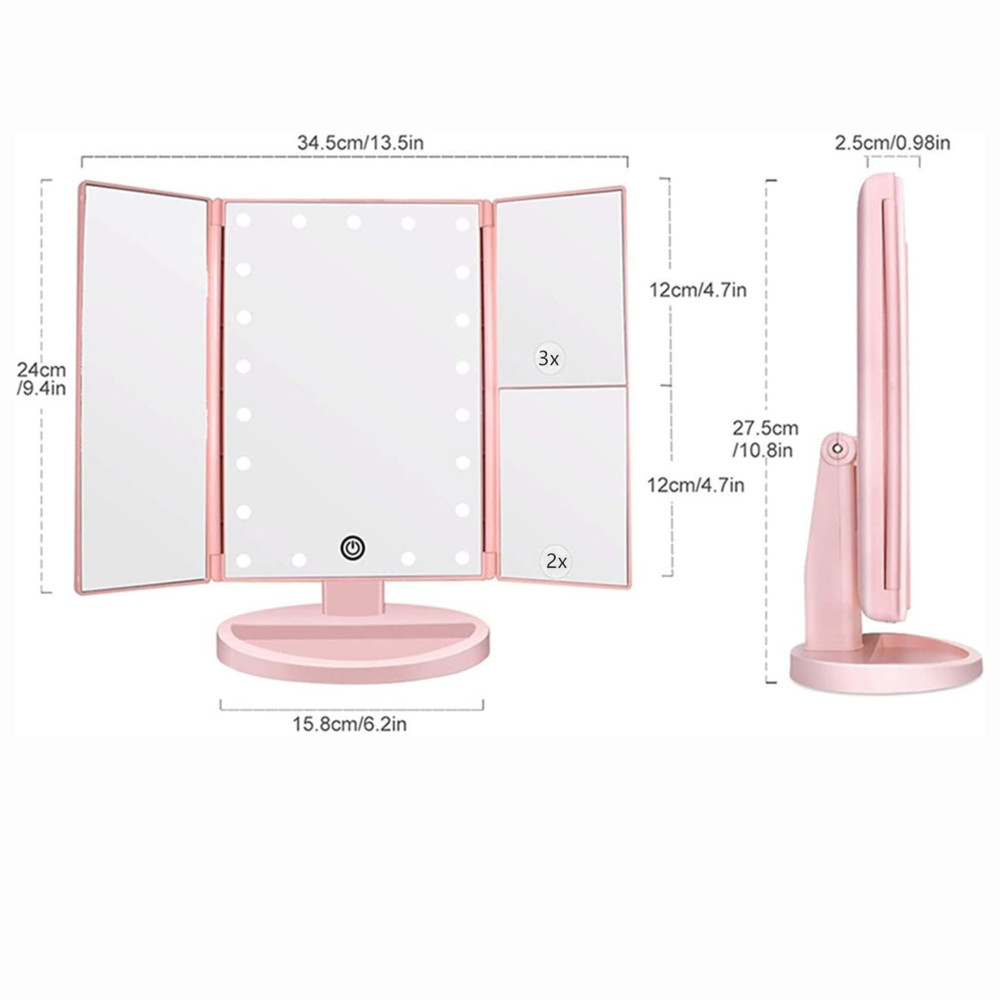 CreateAndBundle Tri-fold Lighted Vanity Makeup Mirror with 3x/2x Magnification
