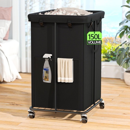 150L Laundry Hamper with Wheels, Rolling Basket 40GAL, Black