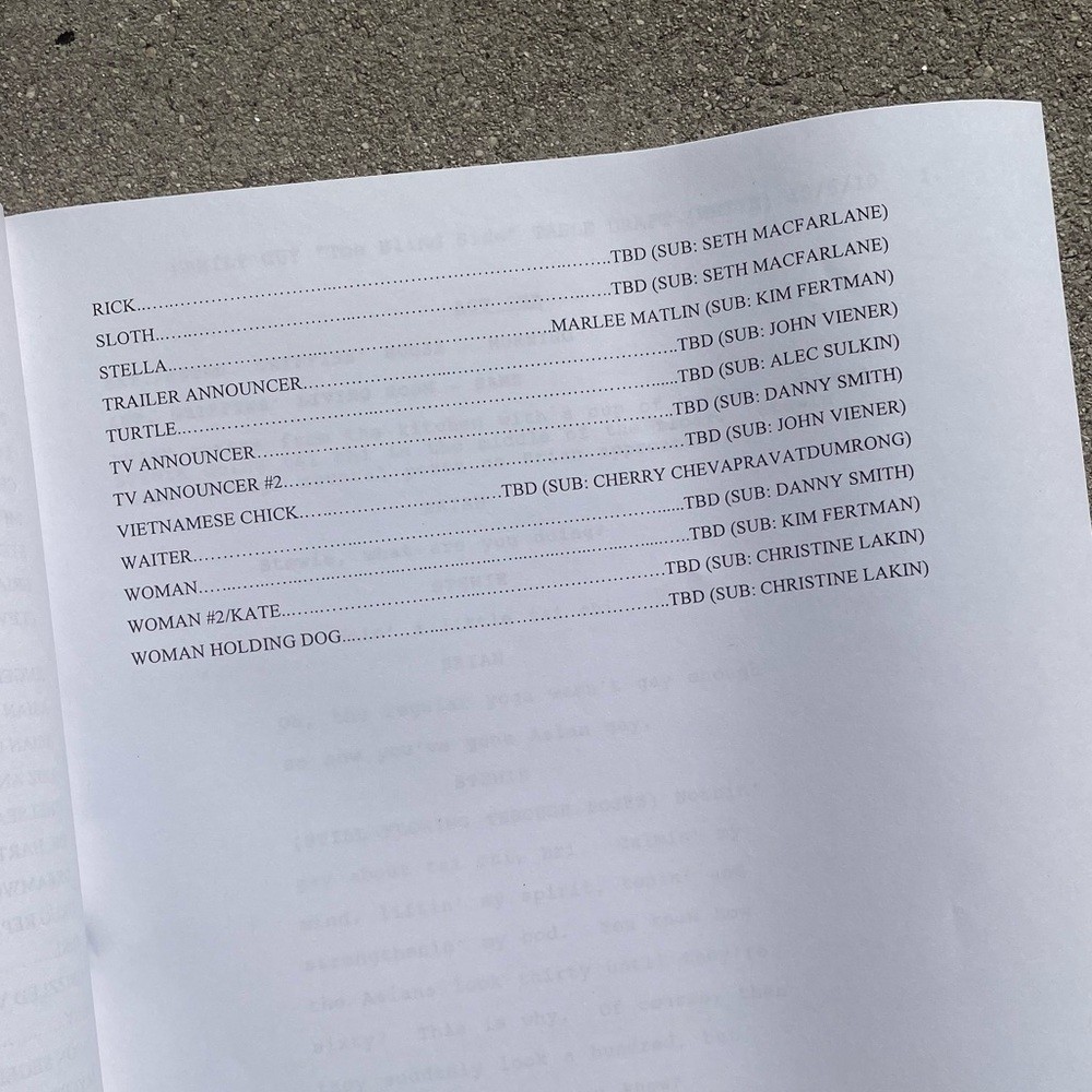Family Guy 2011 Production Used Table Draft Script The Blind Side Marlee Matlin