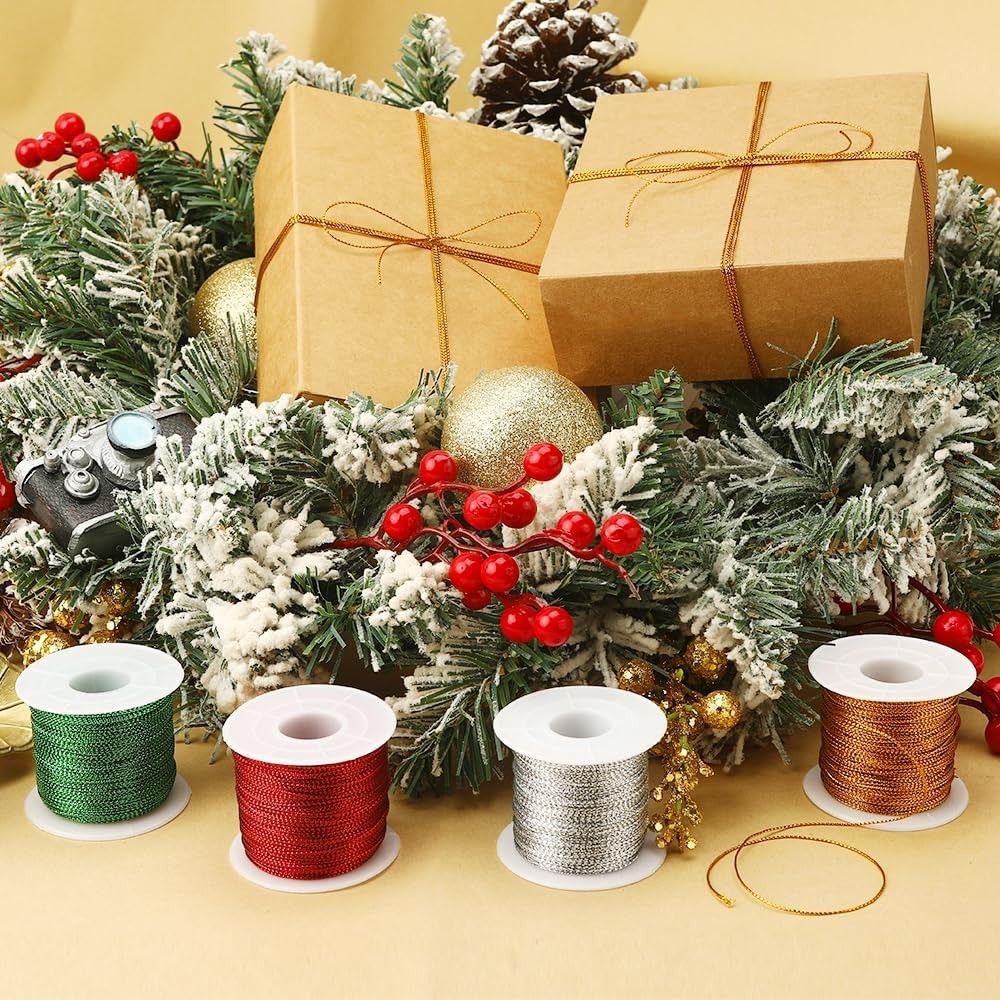 Metallic Cord 436 Yard 4 Pcs, Gold+Silver+Red+Green, Gold+silver+red+green