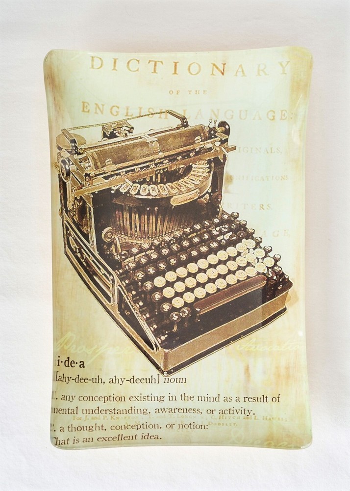 POTTERY BARN Decoupage Tray Typewriter Idea Rectangular Glass Gold Trinket Dish