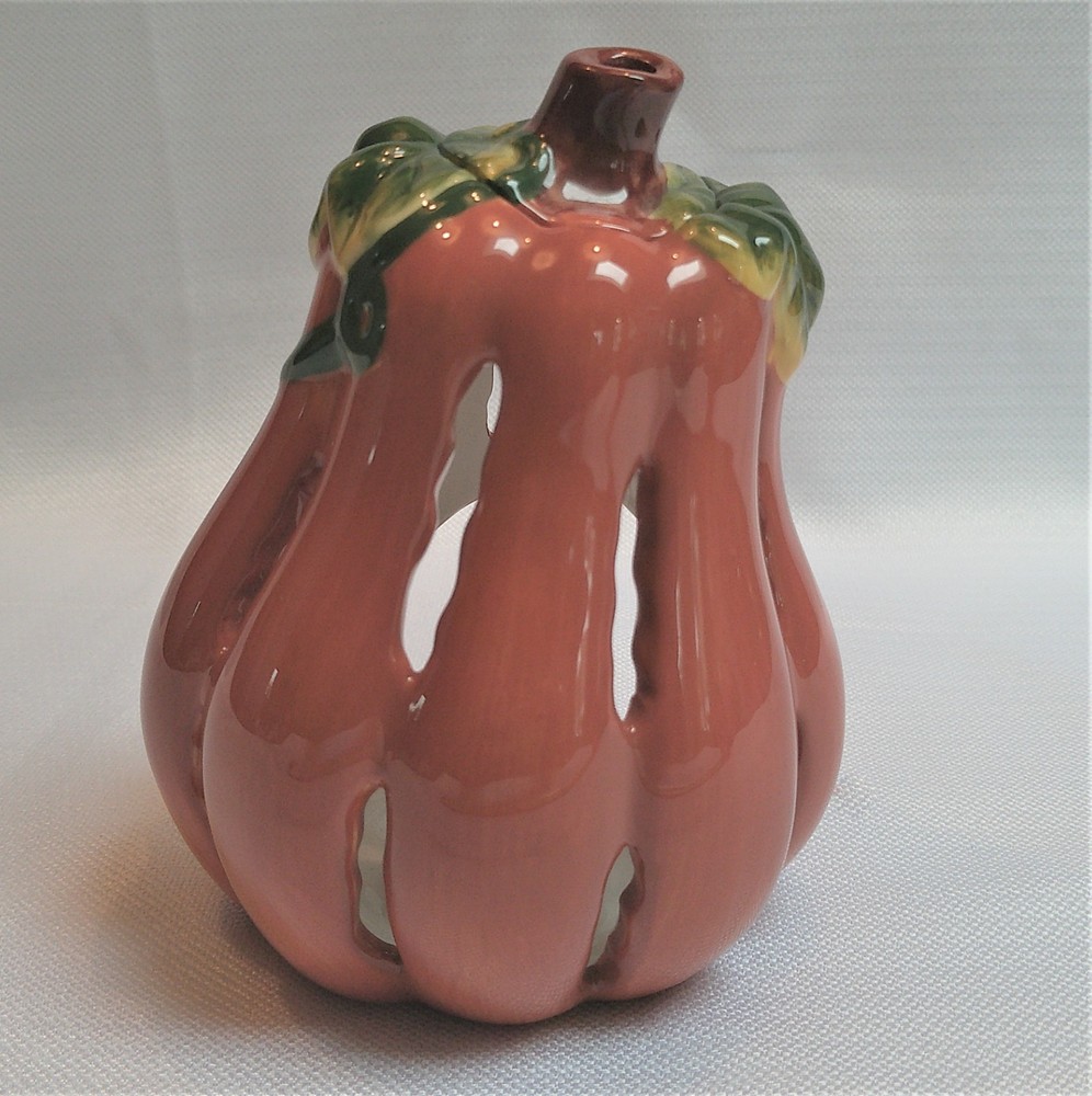 Glazed Ceramic Pumpkin Tealight/Candle Holder with Cutouts & Tealight Shown
