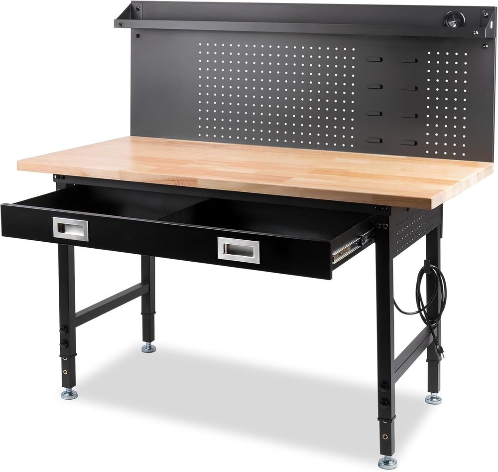 60" Workbench with Drawers, Work Benches for Garage with Strip Light, Adjustable