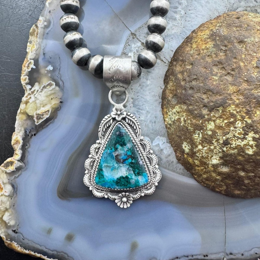 Sterling Silver Southwestern Style Triangular Shattuckite Decorated Pendant