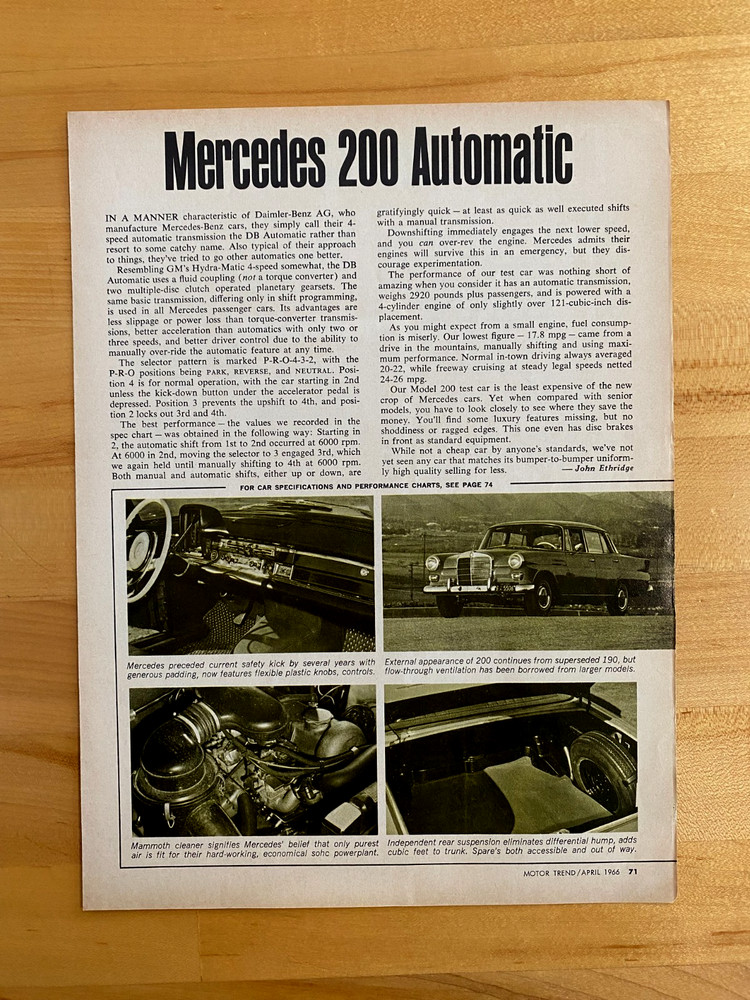 1966 Print Ad Article Mercedes-Benz 200 Automatic