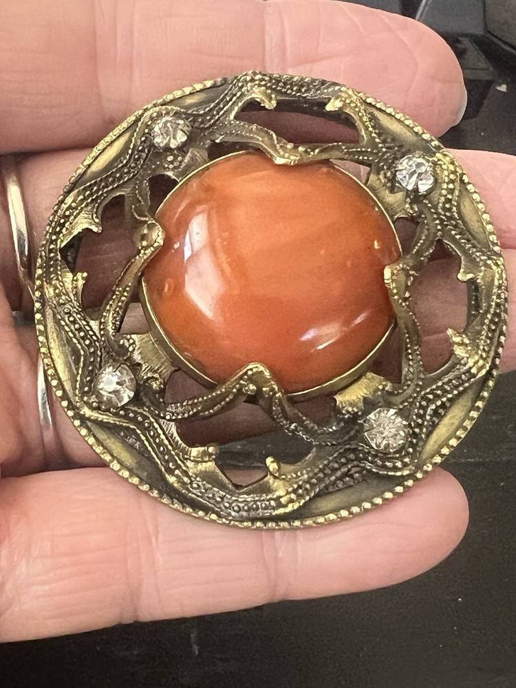 Antique Ornate Large 2" Brass & Orange Stone Agate Paste Button