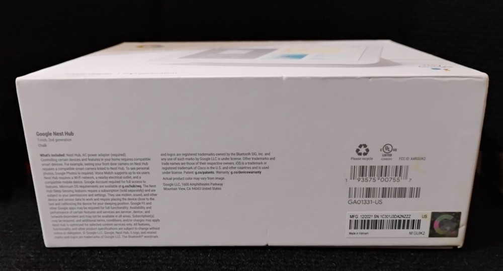 Google Nest Hub 2nd Gen 7" Screen Box And Adapter GA01331US