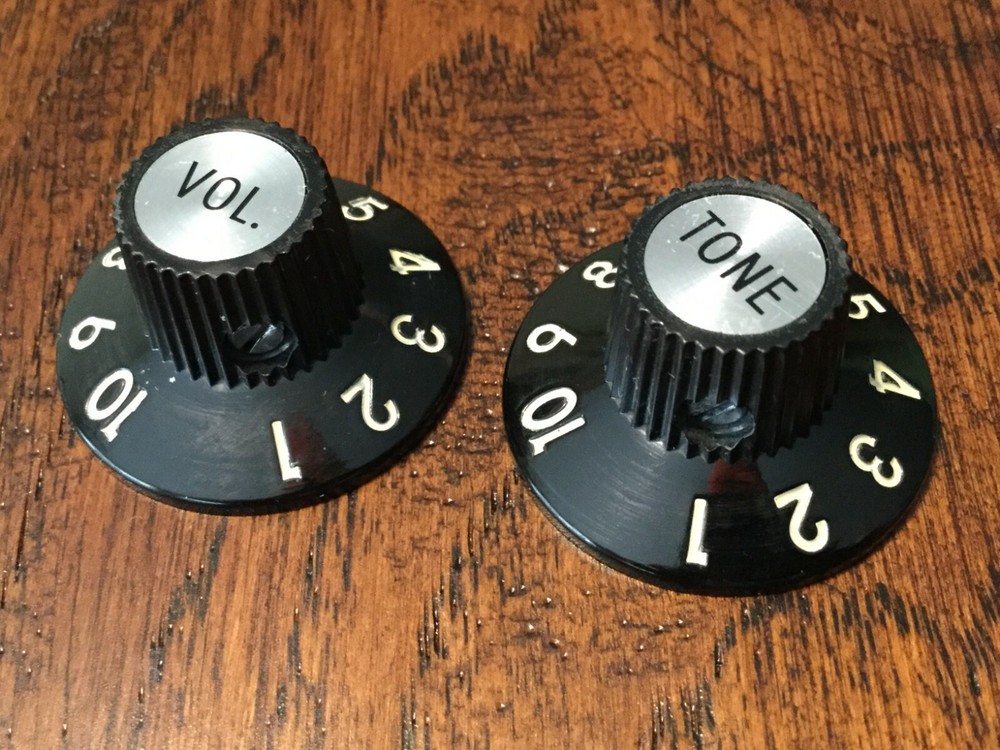 (2) Black Witch Hat Guitar Knobs / Bakelite  / Set Screw / .25" Pots / Vol Tone
