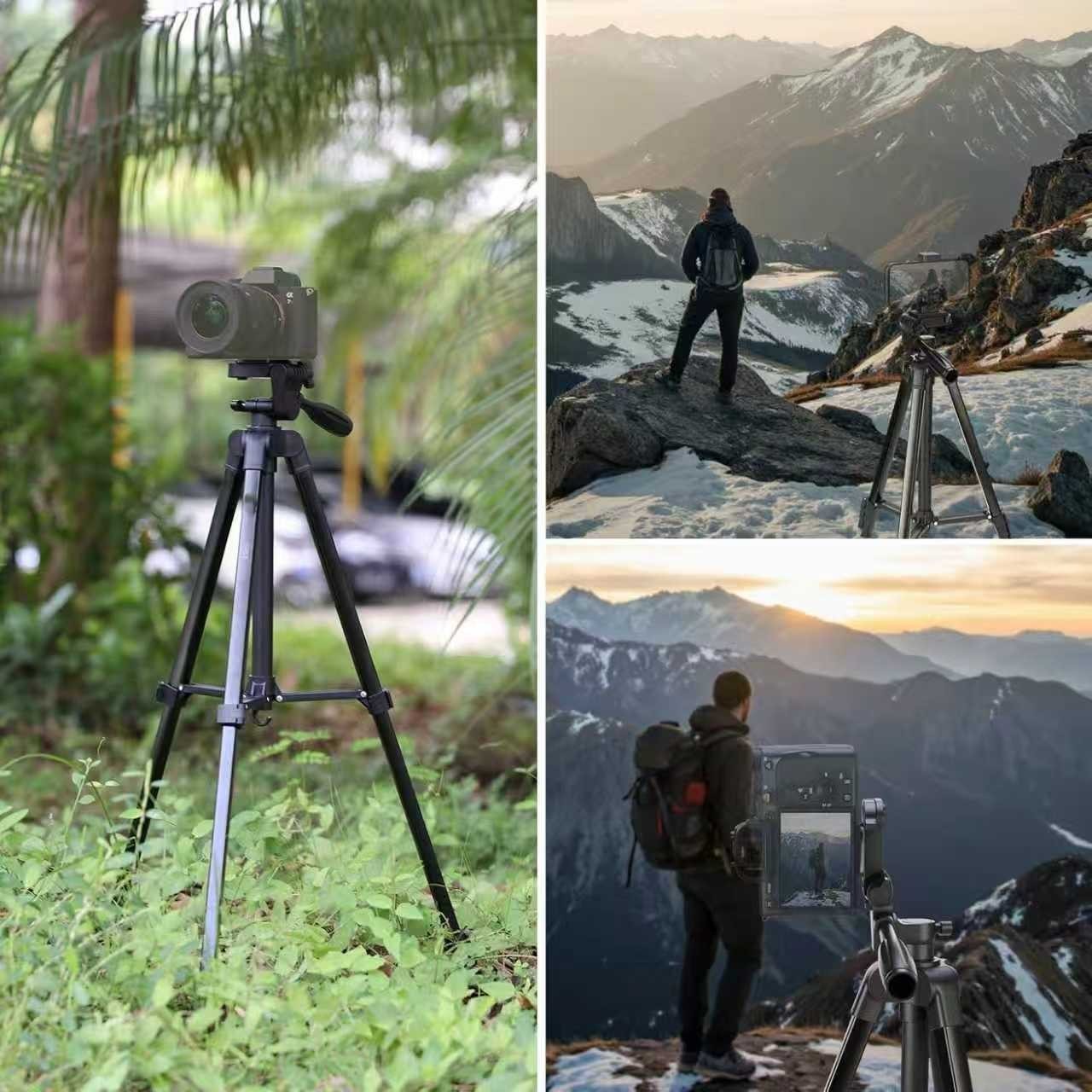 Adjustable Phone & Camera Tripod w/Built-in Level, Portable Metal Travel Stand
